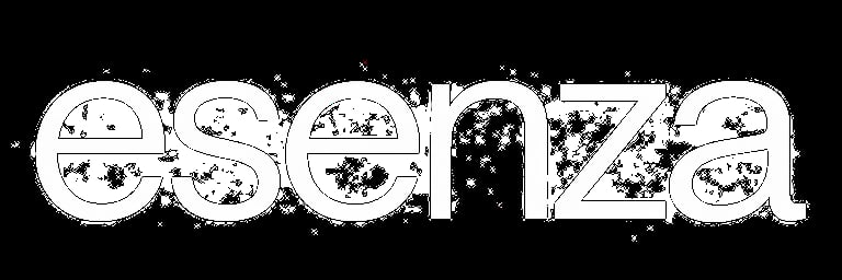 Essenza logo with white letters containing decorative patterns and textures on black background