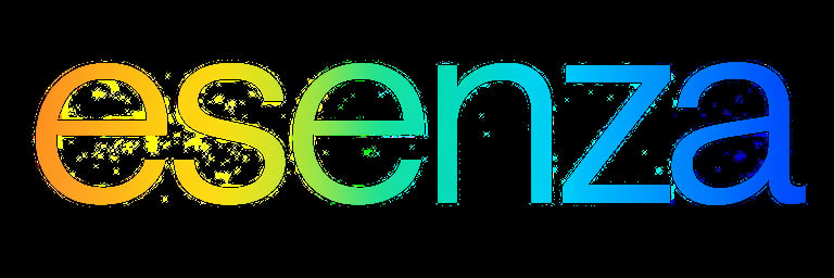 Esenza logo with colorful gradient letters transitioning from orange to blue on black background